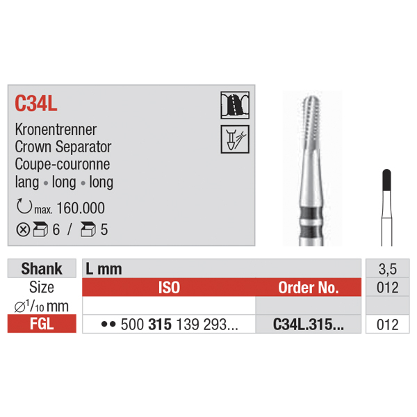 Edenta HM kronefræser FGL C34L/012 grå 5 stk