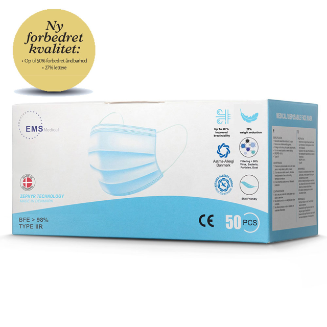 Danske mundbind, Zephyr, m/elastik, hvide, 50 stk.